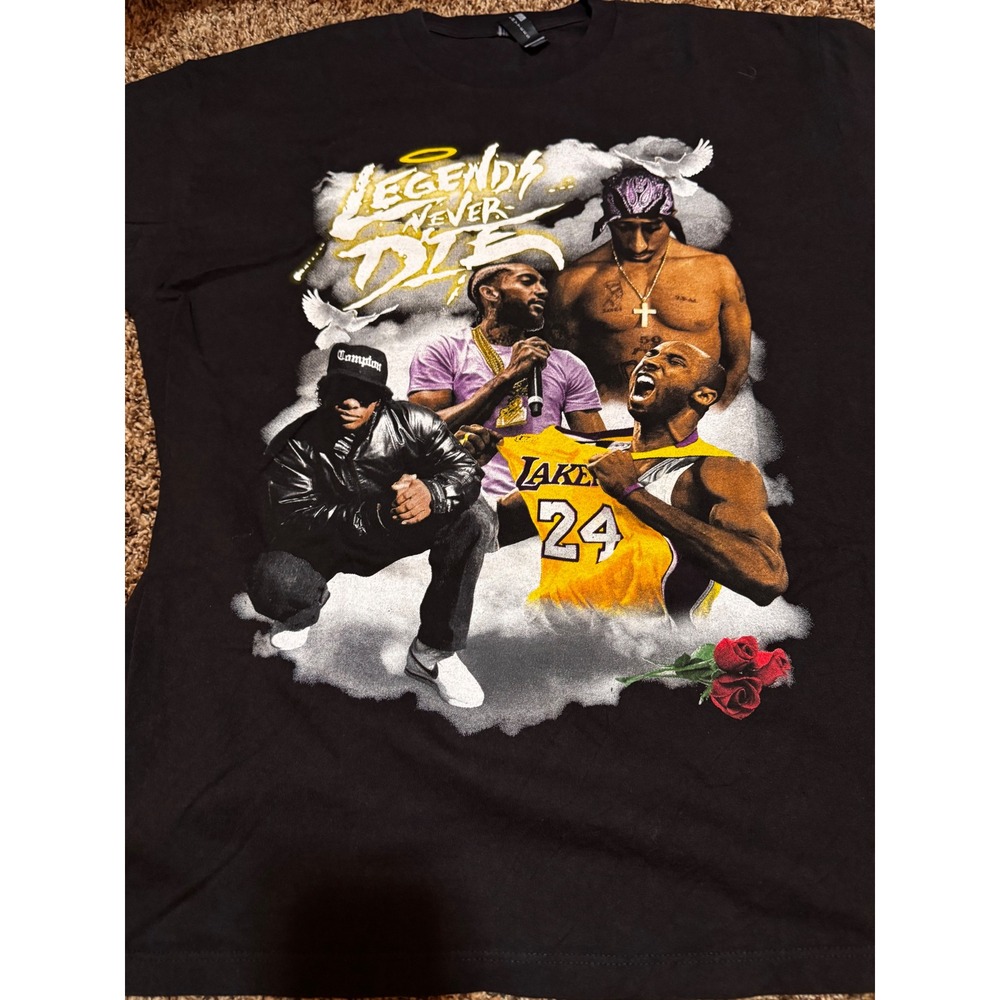 Player Tees Legends Never Die Kobe Nipsey Tupac Eazy-E Black Graphic T-Shirt XL
